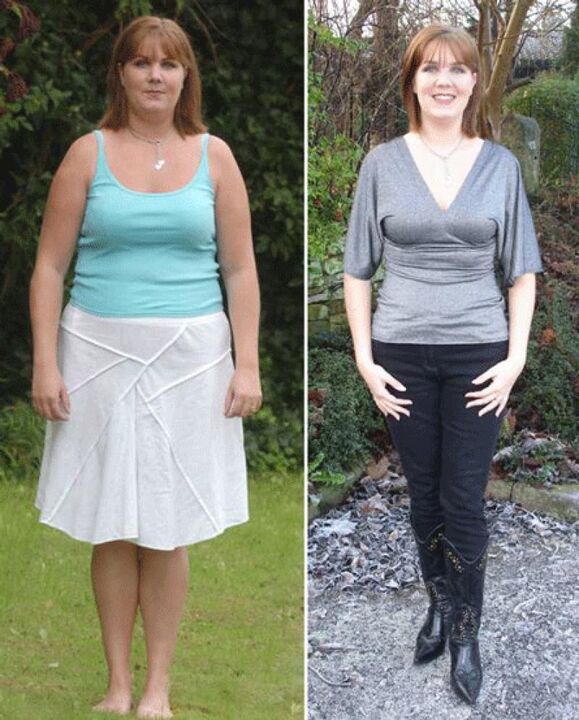 Vrouw voor en na het afvallen op een kefir-dieet