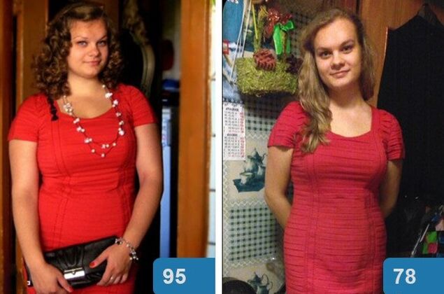 Meisje voor en na het afvallen in 4 weken op het Maggi-dieet
